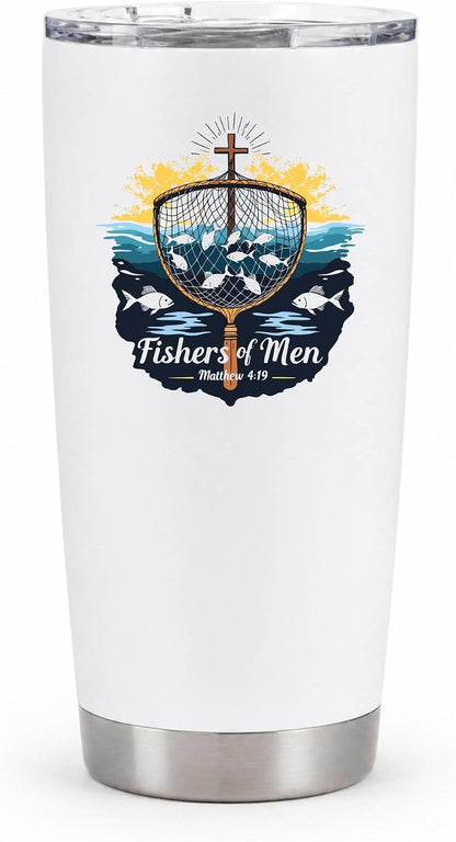 Fishers of Men Matthew 4:19 White 20oz Tumbler | Scriptural Fishing Motif for Believers Who Carry Faith Into Everyday Routines