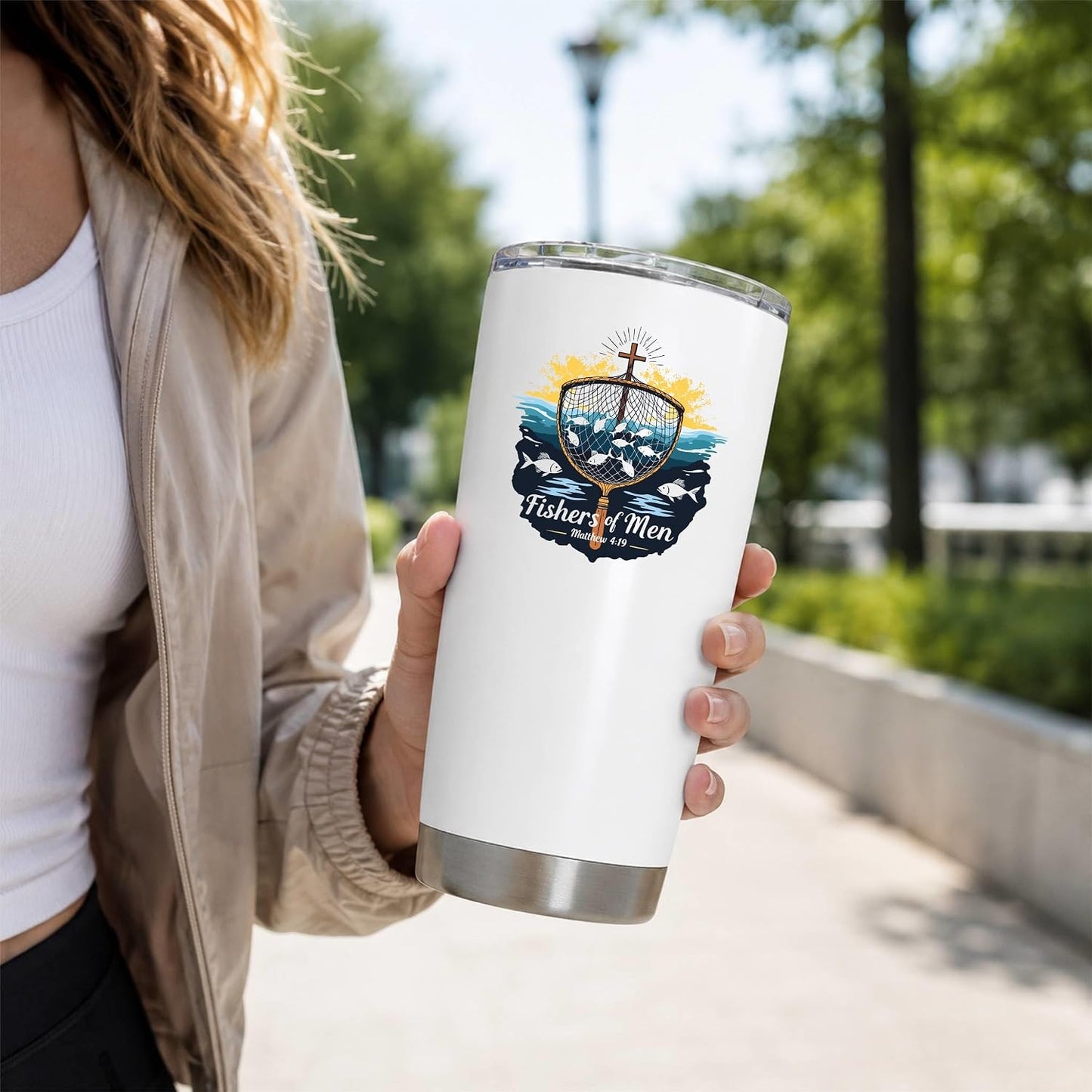 Fishers of Men Matthew 4:19 White 20oz Tumbler | Scriptural Fishing Motif for Believers Who Carry Faith Into Everyday Routines