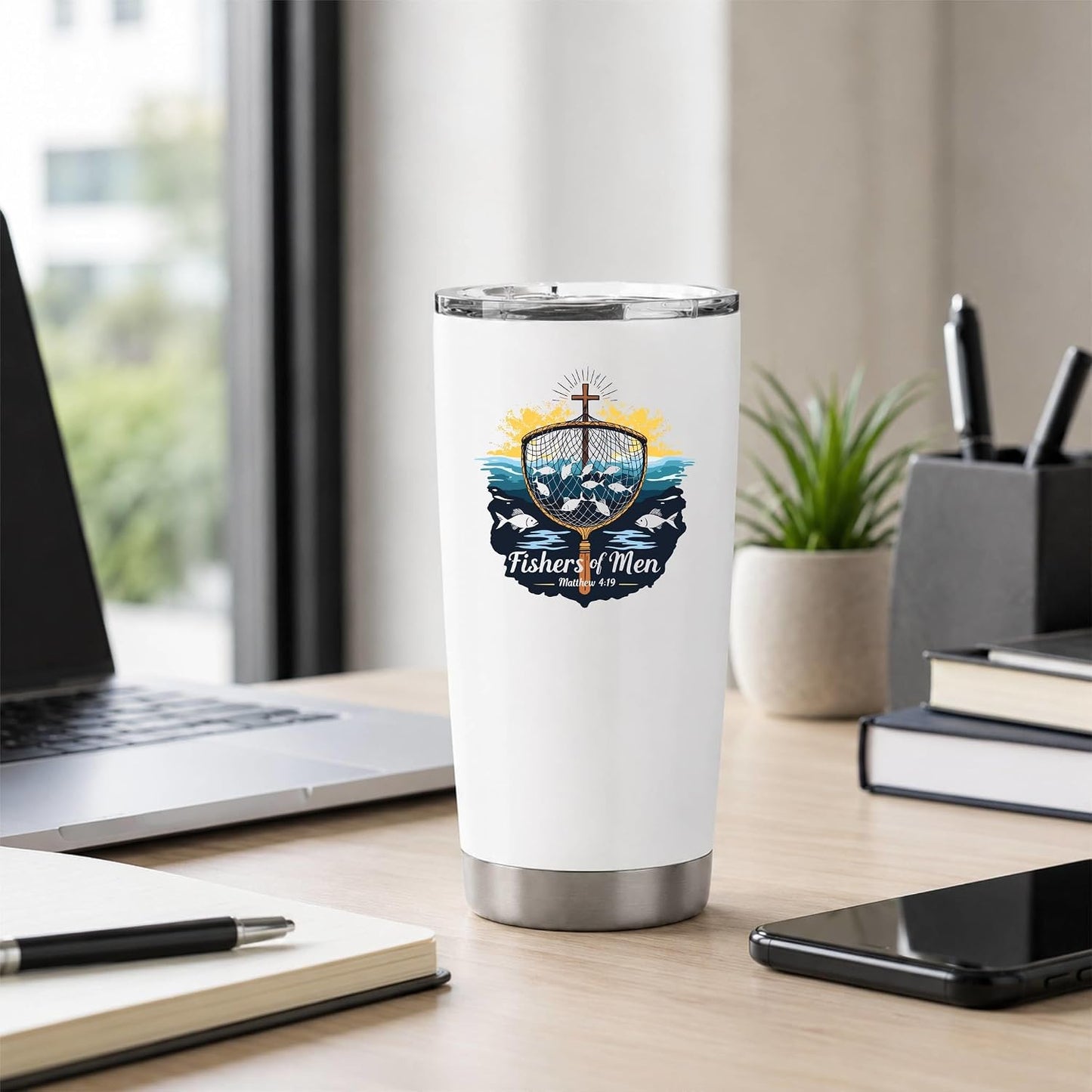 Fishers of Men Matthew 4:19 White 20oz Tumbler | Scriptural Fishing Motif for Believers Who Carry Faith Into Everyday Routines