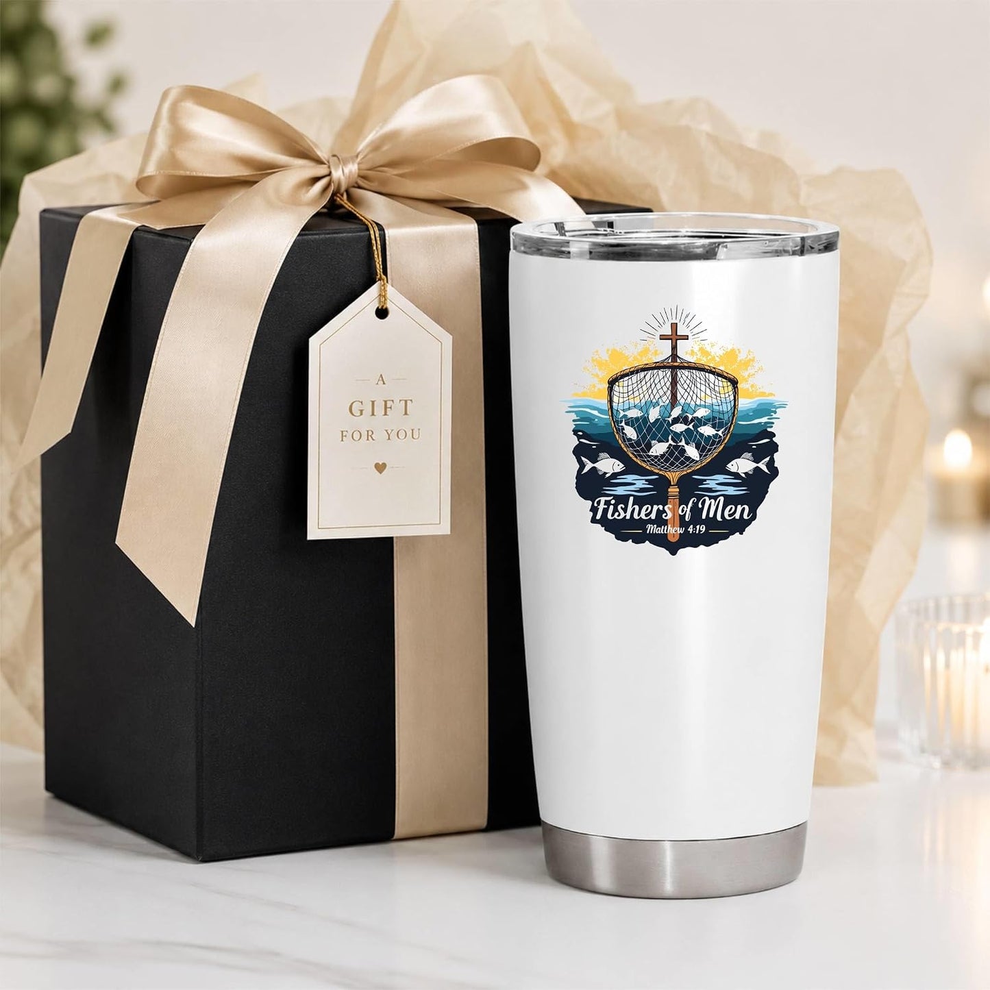 Fishers of Men Matthew 4:19 White 20oz Tumbler | Scriptural Fishing Motif for Believers Who Carry Faith Into Everyday Routines