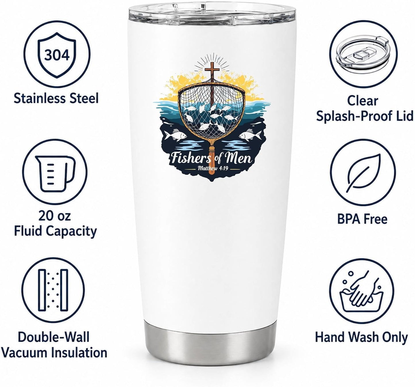 Fishers of Men Matthew 4:19 White 20oz Tumbler | Scriptural Fishing Motif for Believers Who Carry Faith Into Everyday Routines