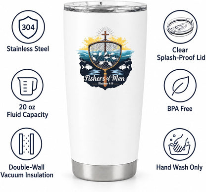 Fishers of Men Matthew 4:19 White 20oz Tumbler | Scriptural Fishing Motif for Believers Who Carry Faith Into Everyday Routines