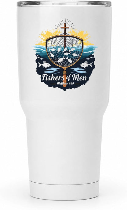 Fishers of Men Matthew 4:19 White 20oz Tumbler | Scriptural Fishing Motif for Believers Who Carry Faith Into Everyday Routines