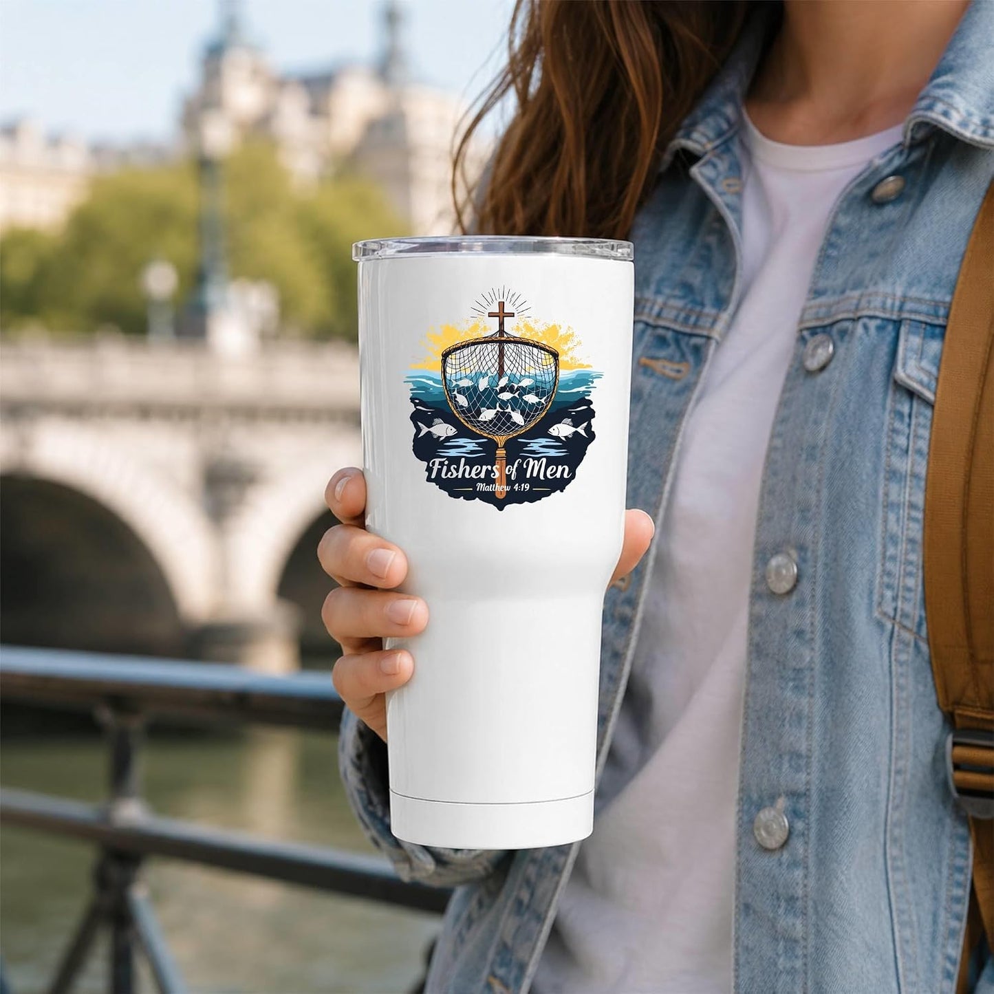 Fishers of Men Matthew 4:19 White 20oz Tumbler | Scriptural Fishing Motif for Believers Who Carry Faith Into Everyday Routines