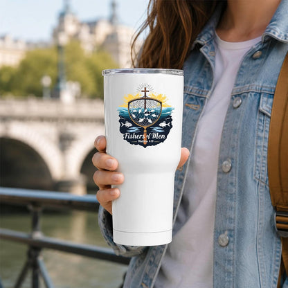 Fishers of Men Matthew 4:19 White 20oz Tumbler | Scriptural Fishing Motif for Believers Who Carry Faith Into Everyday Routines