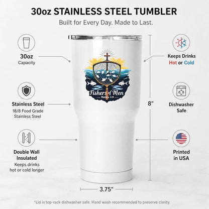 Fishers of Men Matthew 4:19 White 20oz Tumbler | Scriptural Fishing Motif for Believers Who Carry Faith Into Everyday Routines