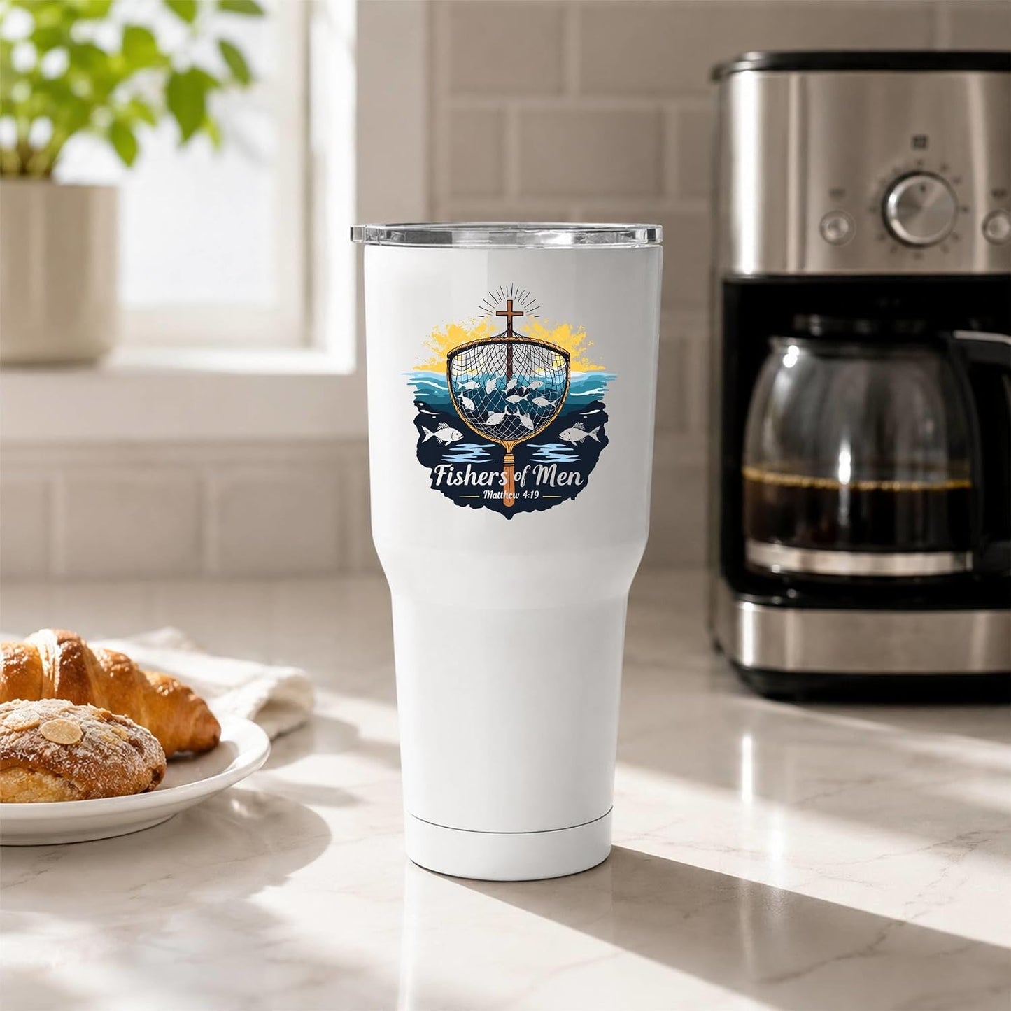 Fishers of Men Matthew 4:19 White 20oz Tumbler | Scriptural Fishing Motif for Believers Who Carry Faith Into Everyday Routines