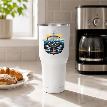 Fishers of Men Matthew 4:19 White 20oz Tumbler | Scriptural Fishing Motif for Believers Who Carry Faith Into Everyday Routines
