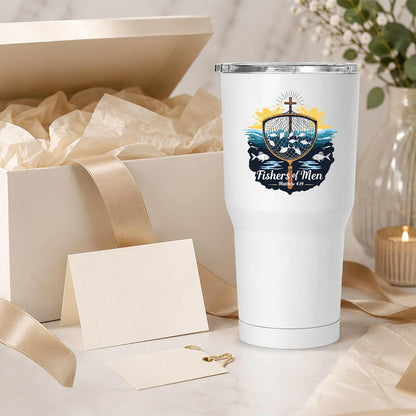 Fishers of Men Matthew 4:19 White 20oz Tumbler | Scriptural Fishing Motif for Believers Who Carry Faith Into Everyday Routines