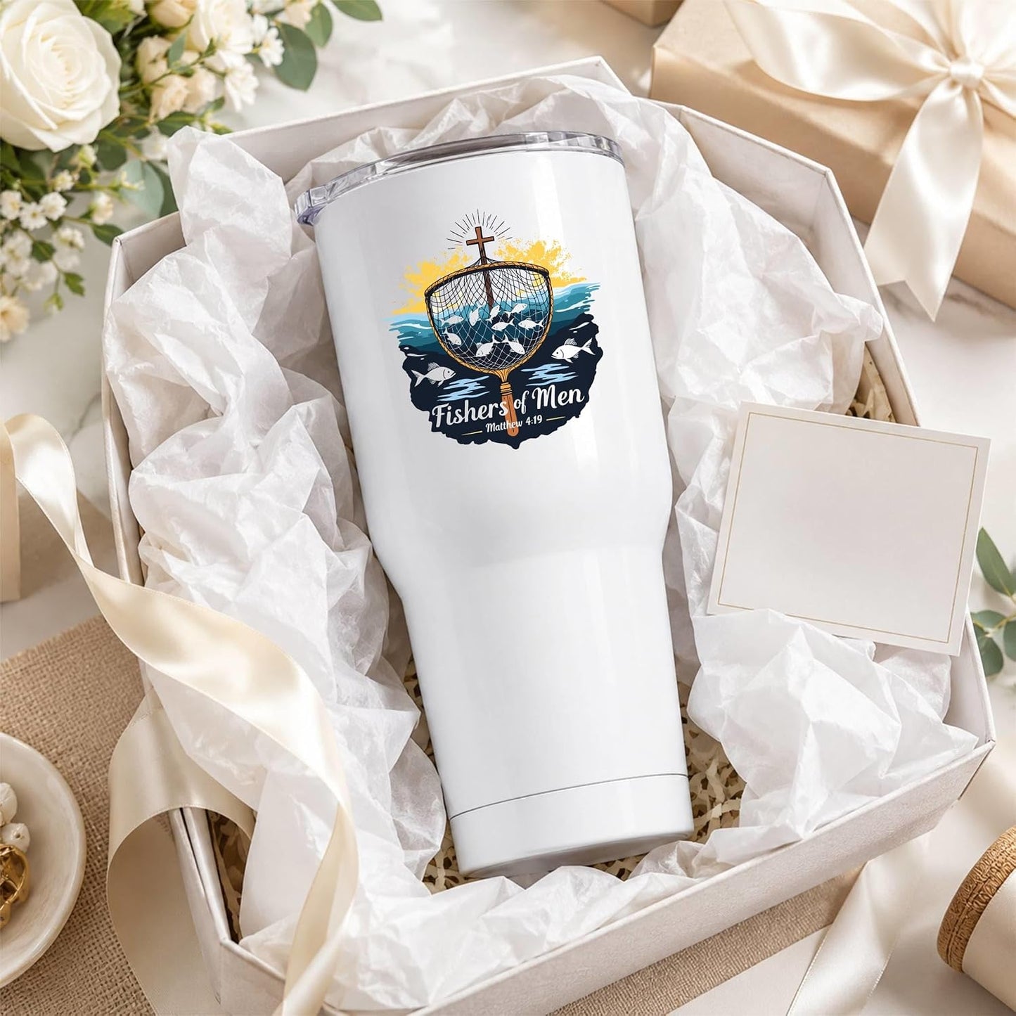 Fishers of Men Matthew 4:19 White 20oz Tumbler | Scriptural Fishing Motif for Believers Who Carry Faith Into Everyday Routines