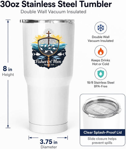 Fishers of Men Matthew 4:19 White 20oz Tumbler | Scriptural Fishing Motif for Believers Who Carry Faith Into Everyday Routines