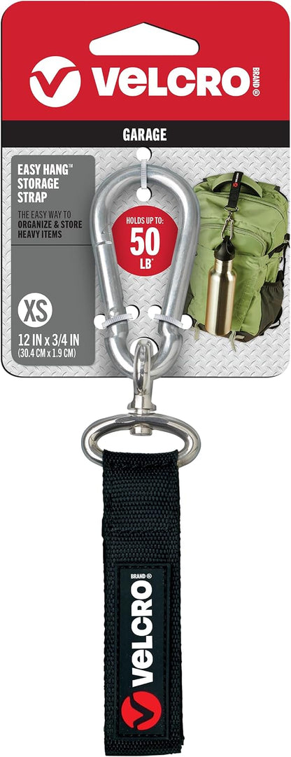 VEL-30196-USA Easy Hang Strap with Carabiner Clip Attach Water Bottles and Accessories to Bikes, Bags and more. Organization for Garden, Shed, RV. Extra Small-1Pk, Black