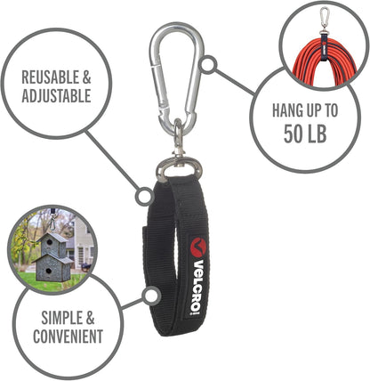 VEL-30196-USA Easy Hang Strap with Carabiner Clip Attach Water Bottles and Accessories to Bikes, Bags and more. Organization for Garden, Shed, RV. Extra Small-1Pk, Black