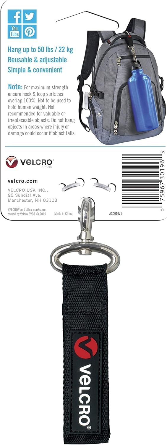 VEL-30196-USA Easy Hang Strap with Carabiner Clip Attach Water Bottles and Accessories to Bikes, Bags and more. Organization for Garden, Shed, RV. Extra Small-1Pk, Black