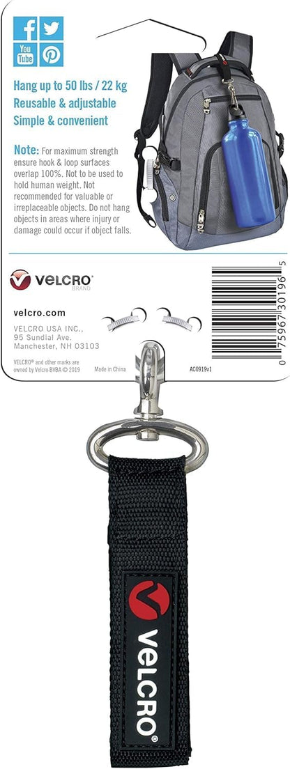 VEL-30196-USA Easy Hang Strap with Carabiner Clip Attach Water Bottles and Accessories to Bikes, Bags and more. Organization for Garden, Shed, RV. Extra Small-1Pk, Black