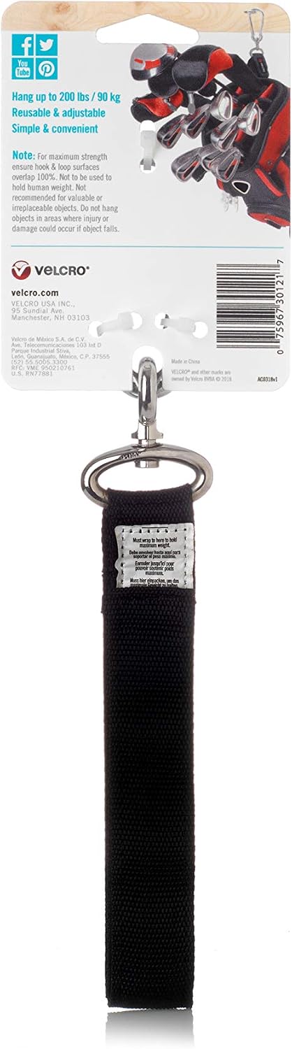 VEL-30196-USA Easy Hang Strap with Carabiner Clip Attach Water Bottles and Accessories to Bikes, Bags and more. Organization for Garden, Shed, RV. Extra Small-1Pk, Black
