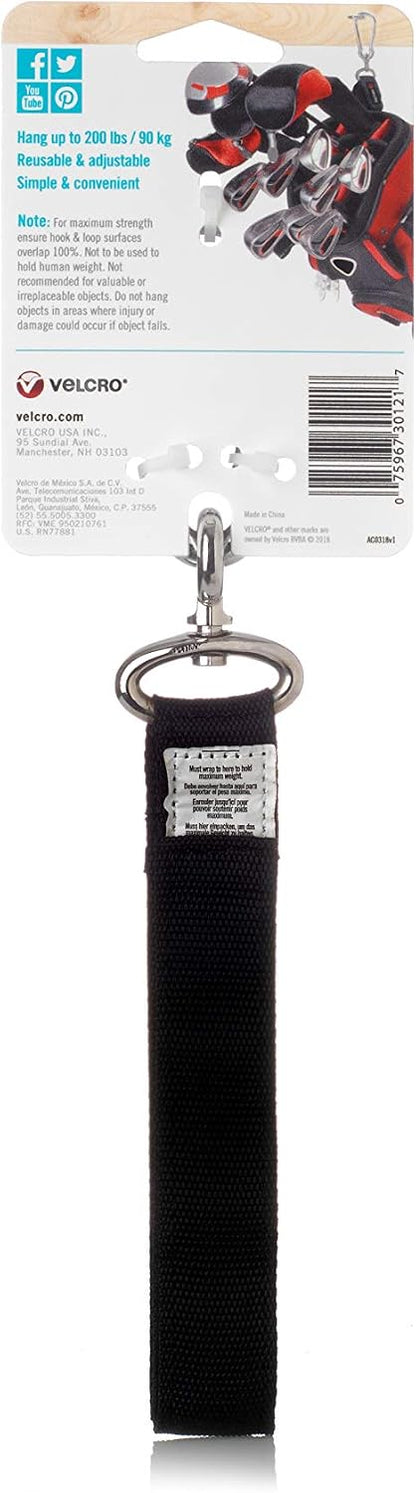 VEL-30196-USA Easy Hang Strap with Carabiner Clip Attach Water Bottles and Accessories to Bikes, Bags and more. Organization for Garden, Shed, RV. Extra Small-1Pk, Black