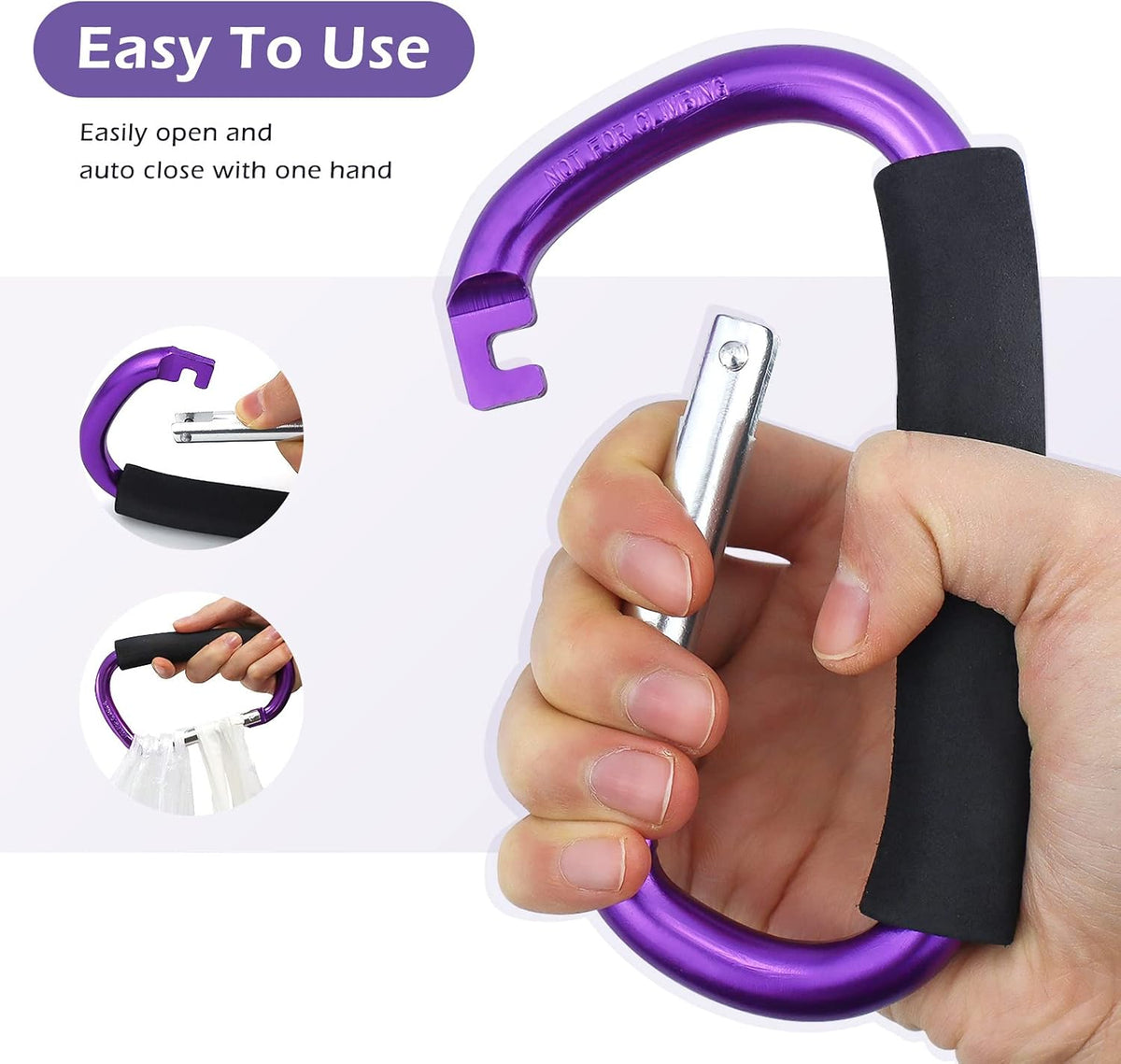 Strong Large Durable Buggy Carabiner Stroller Hooks Mummy Clip Pram Pushchair Grocery or Shopping and Plastic Bags Holder, 2 Pack Purple