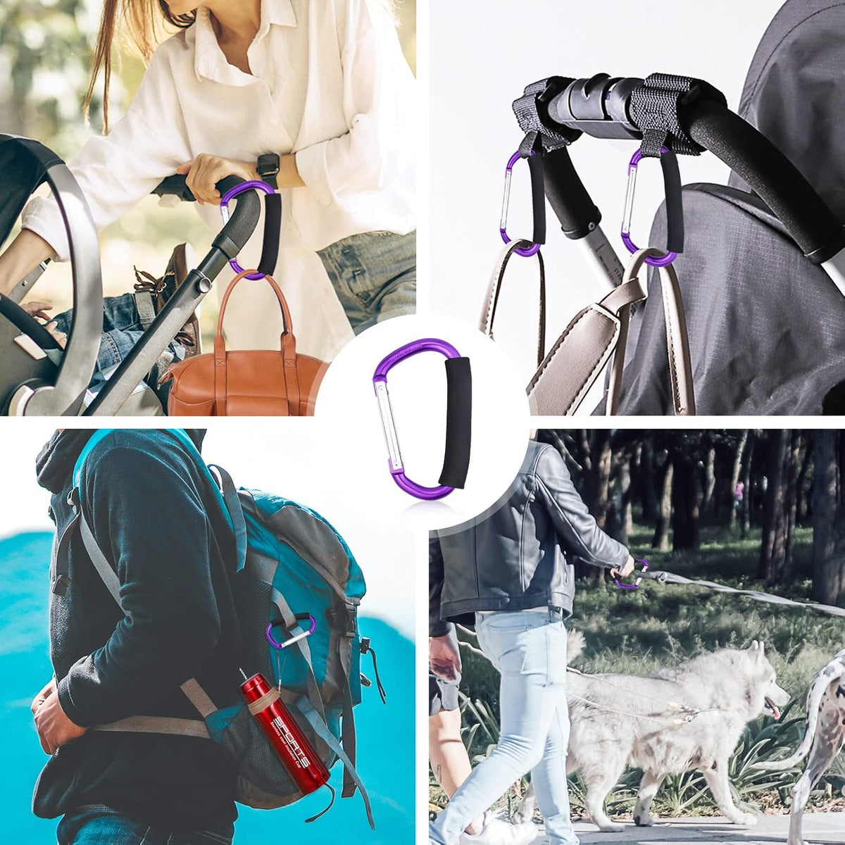 Strong Large Durable Buggy Carabiner Stroller Hooks Mummy Clip Pram Pushchair Grocery or Shopping and Plastic Bags Holder, 2 Pack Purple