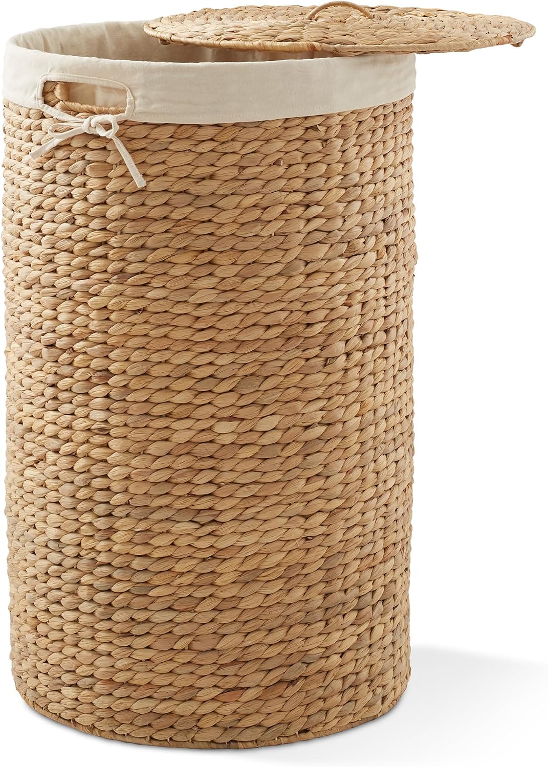 Round Laundry Hamper with Lid and Removable Liner Bag - Natural, Woven Water Hyacinth Wicker Laundry Basket for Clothes and Towels