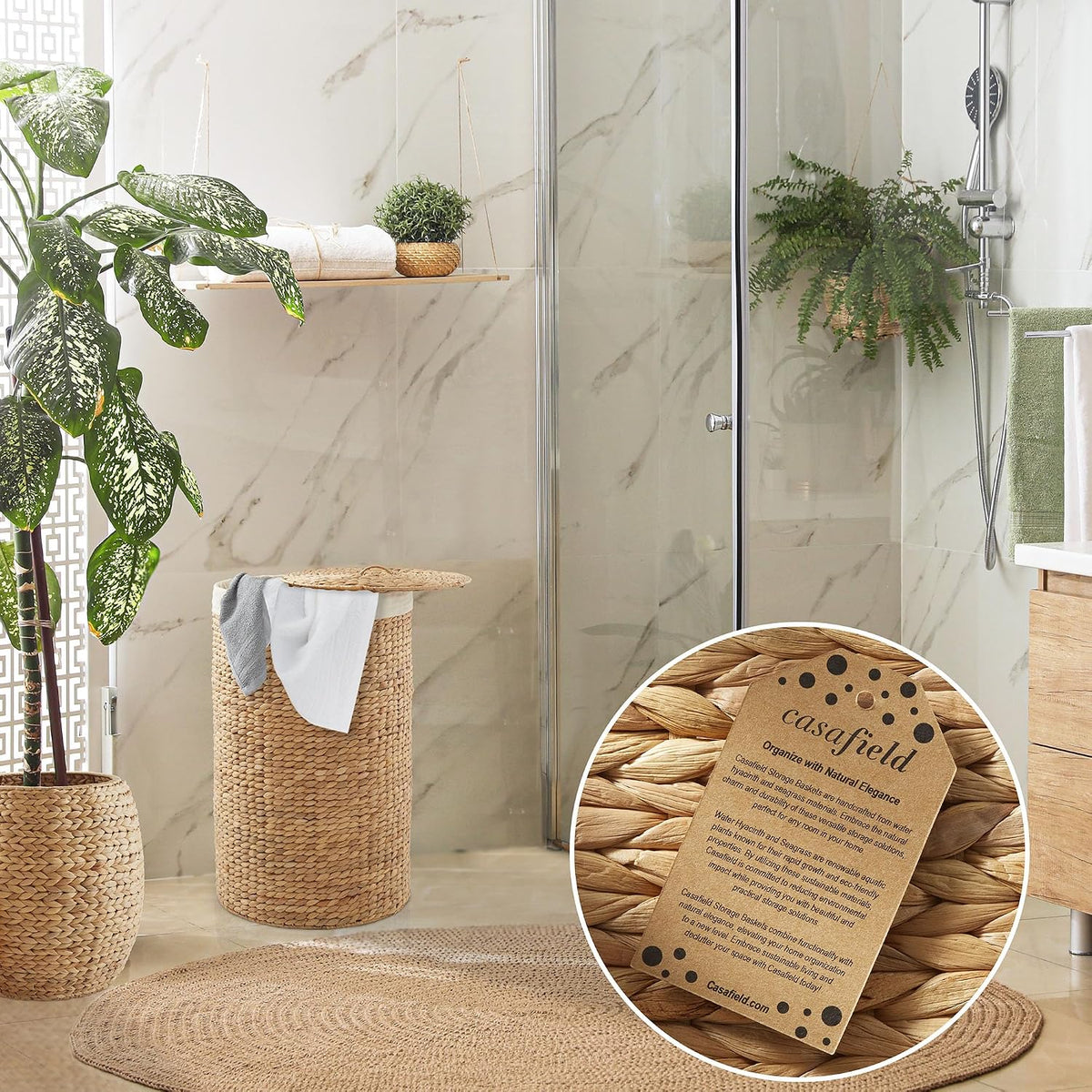 Round Laundry Hamper with Lid and Removable Liner Bag - Natural, Woven Water Hyacinth Wicker Laundry Basket for Clothes and Towels