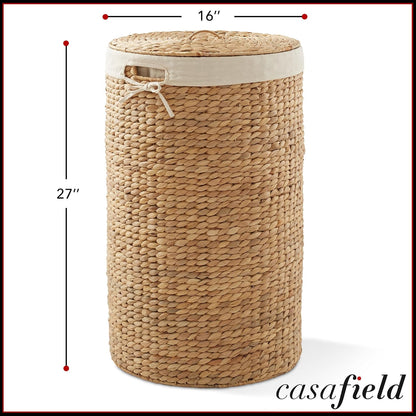 Round Laundry Hamper with Lid and Removable Liner Bag - Natural, Woven Water Hyacinth Wicker Laundry Basket for Clothes and Towels
