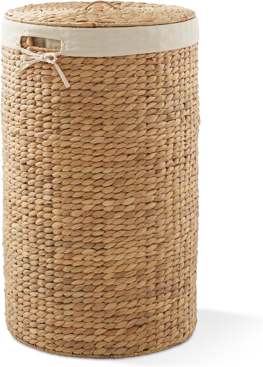 Round Laundry Hamper with Lid and Removable Liner Bag - Natural, Woven Water Hyacinth Wicker Laundry Basket for Clothes and Towels