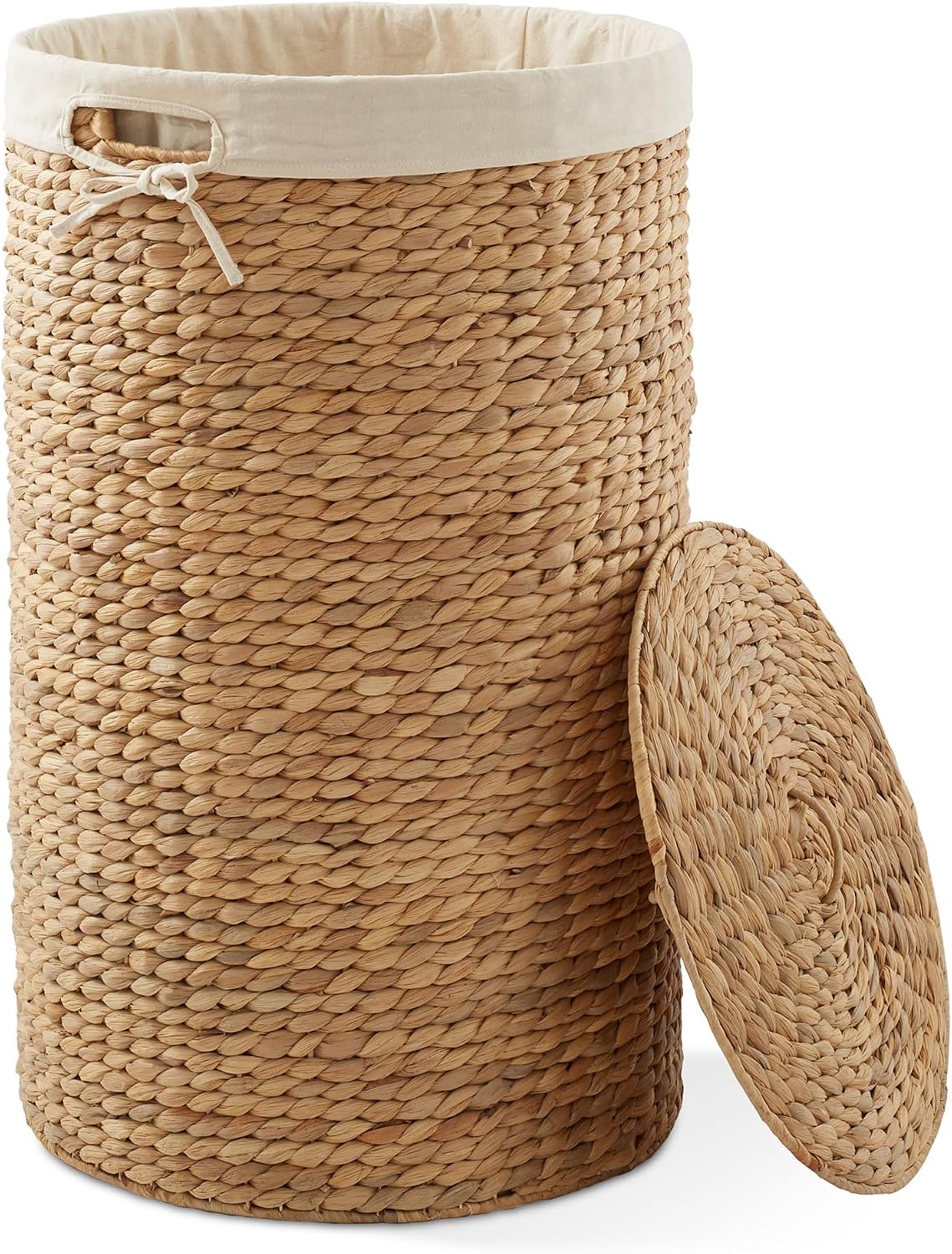 Round Laundry Hamper with Lid and Removable Liner Bag - Natural, Woven Water Hyacinth Wicker Laundry Basket for Clothes and Towels