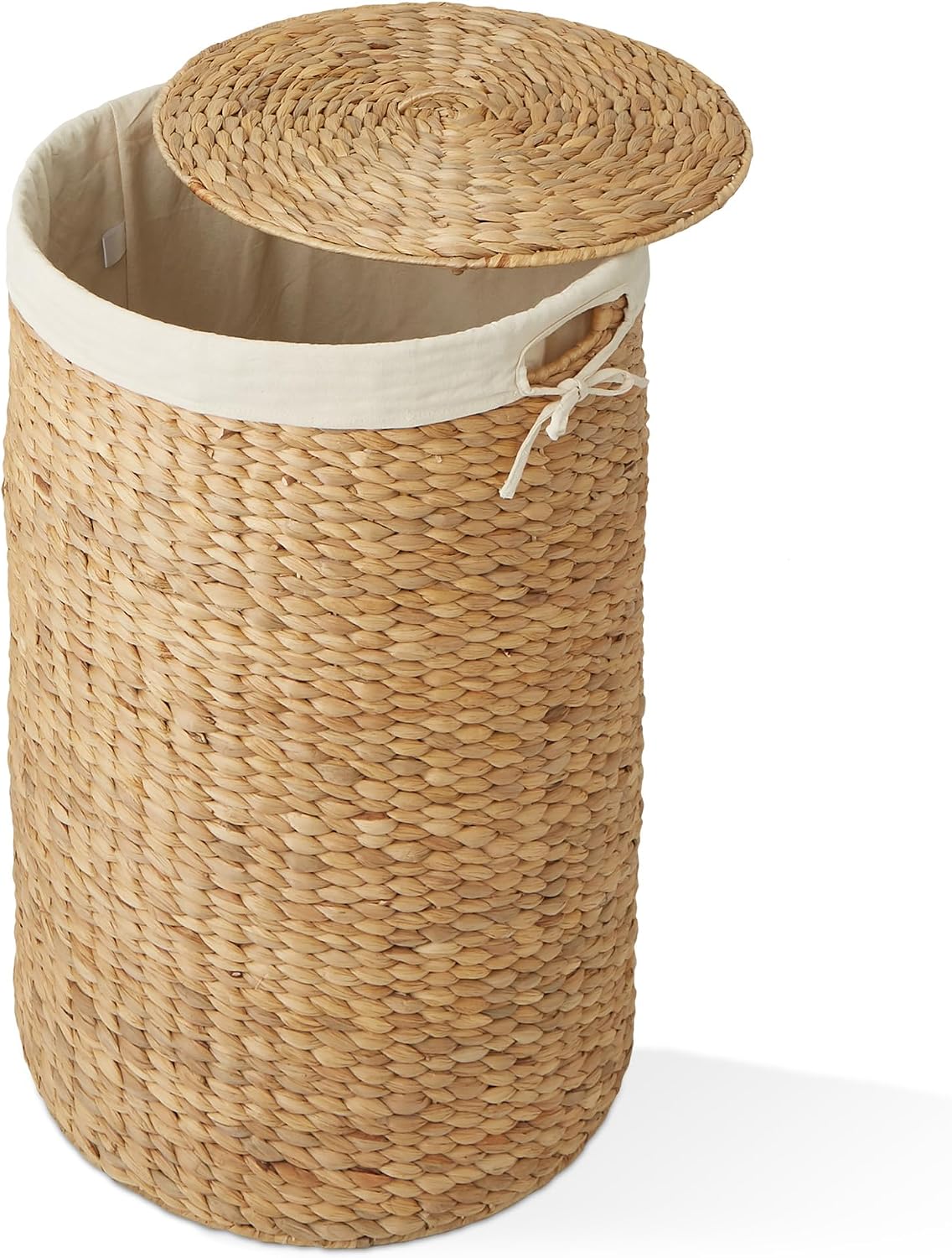Round Laundry Hamper with Lid and Removable Liner Bag - Natural, Woven Water Hyacinth Wicker Laundry Basket for Clothes and Towels