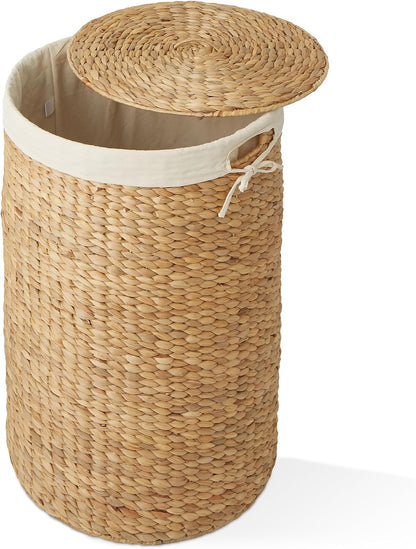 Round Laundry Hamper with Lid and Removable Liner Bag - Natural, Woven Water Hyacinth Wicker Laundry Basket for Clothes and Towels