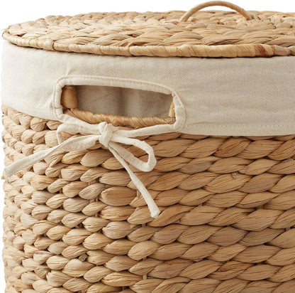 Round Laundry Hamper with Lid and Removable Liner Bag - Natural, Woven Water Hyacinth Wicker Laundry Basket for Clothes and Towels