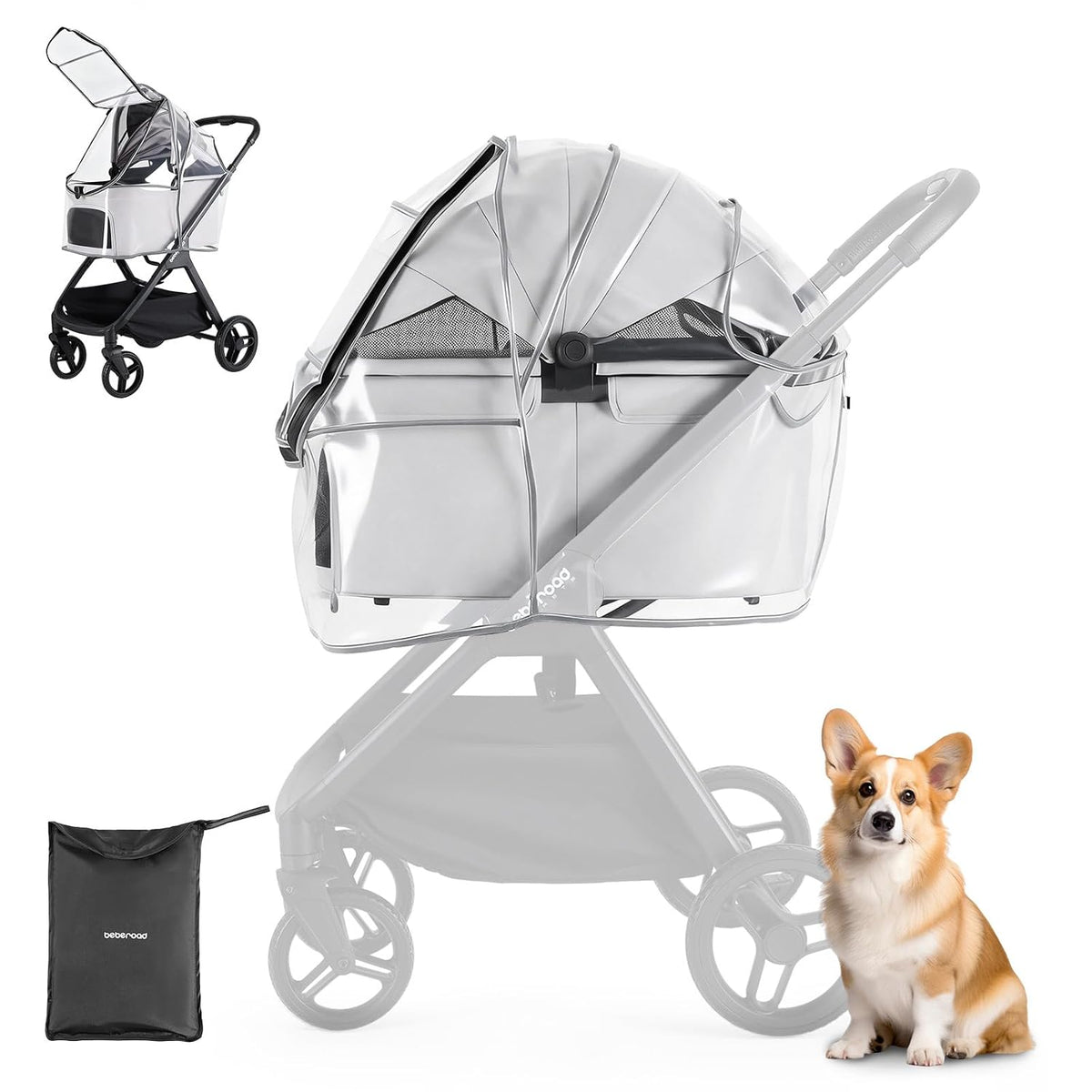Beberoad Unisize Pet Stroller Rain Cover - Foldable Clear Protection for Snow, Wind & Rain, Suitable for X2/X3/T5/T6/X5 & Various Stroller Models