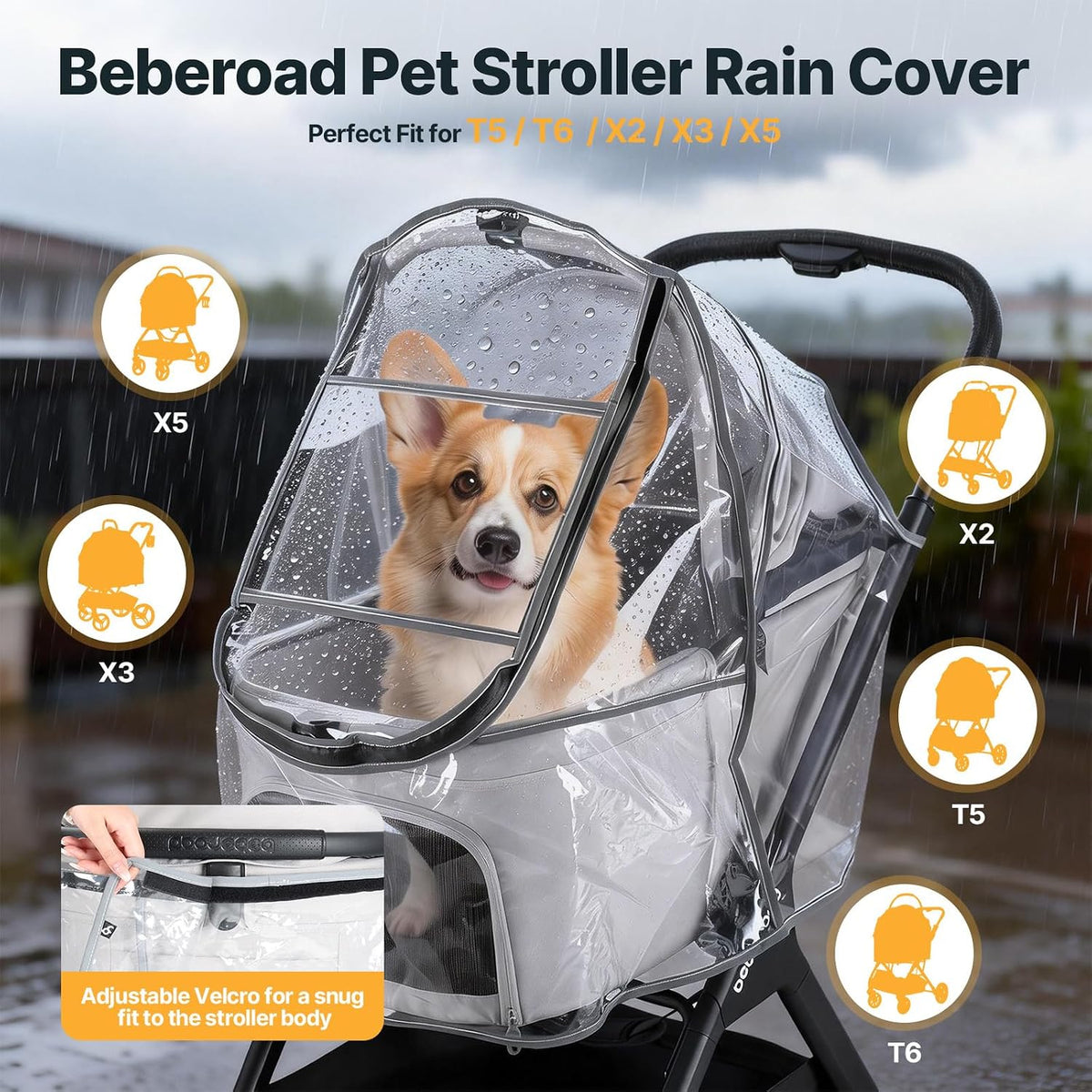 Beberoad Unisize Pet Stroller Rain Cover - Foldable Clear Protection for Snow, Wind & Rain, Suitable for X2/X3/T5/T6/X5 & Various Stroller Models