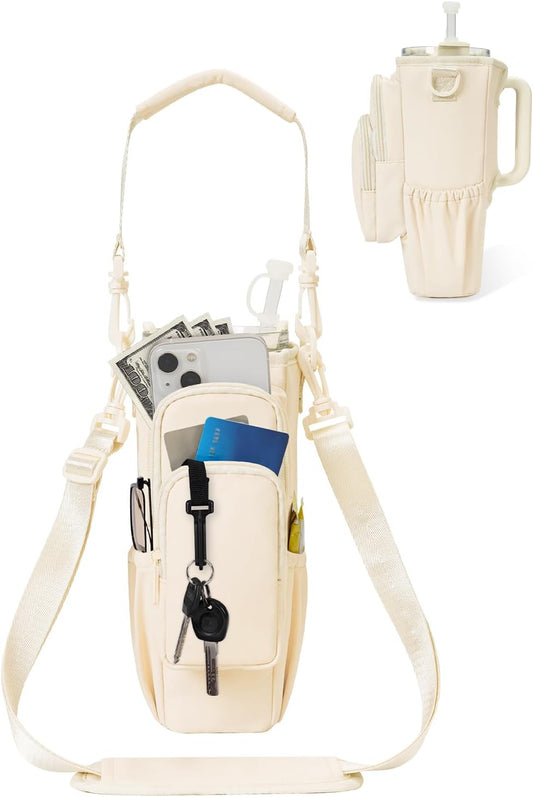 30/40oz Crossbody Water Bottle Holder Anti-Tip Tumbler Carrier | Lightweight Bottle Sling Fits Handled Tumbler w/ Phone Pocket, Adjustable Strap, Insulated Lining, Hands-free for Hiking Gym