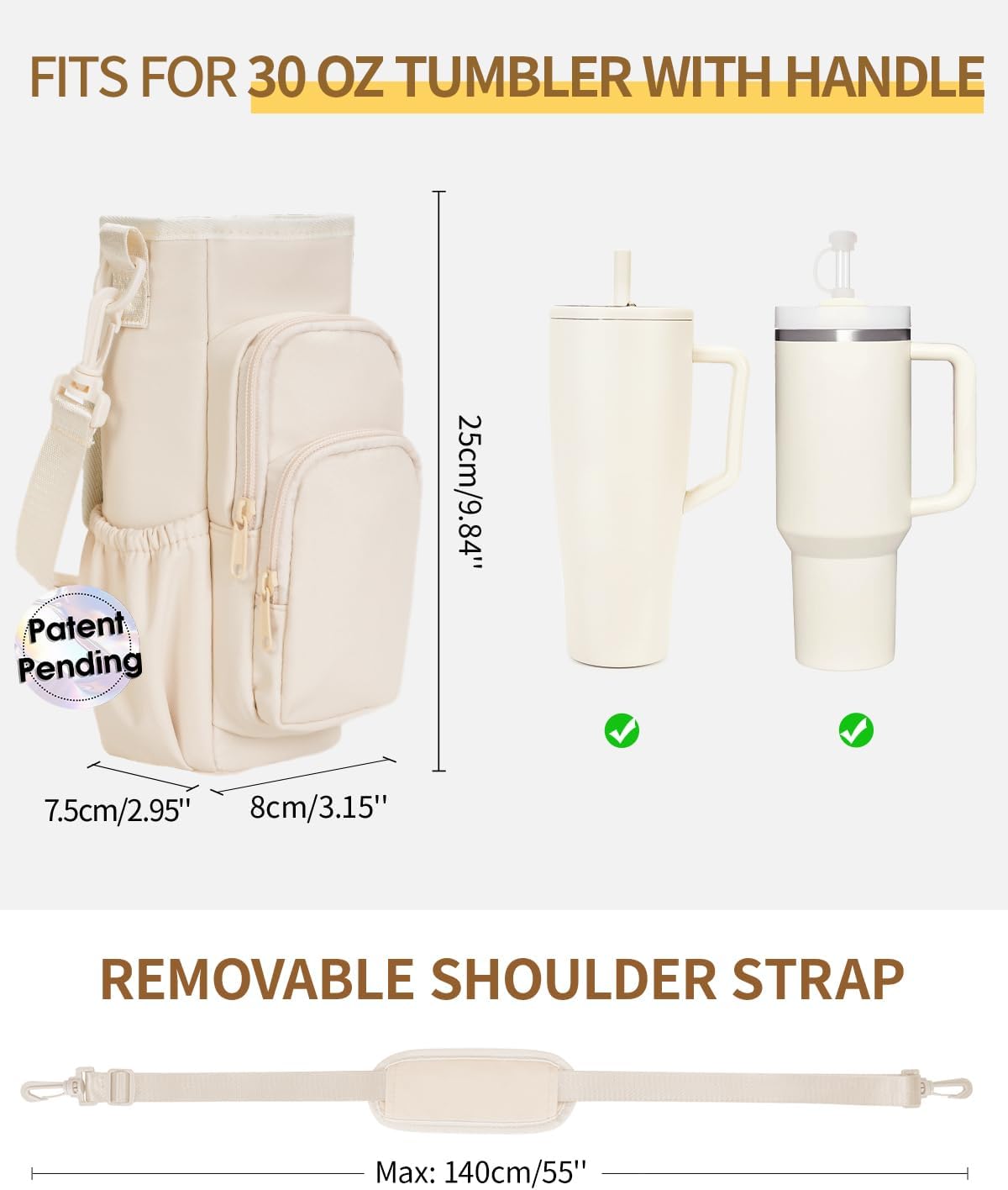 30/40oz Crossbody Water Bottle Holder Anti-Tip Tumbler Carrier | Lightweight Bottle Sling Fits Handled Tumbler w/ Phone Pocket, Adjustable Strap, Insulated Lining, Hands-free for Hiking Gym