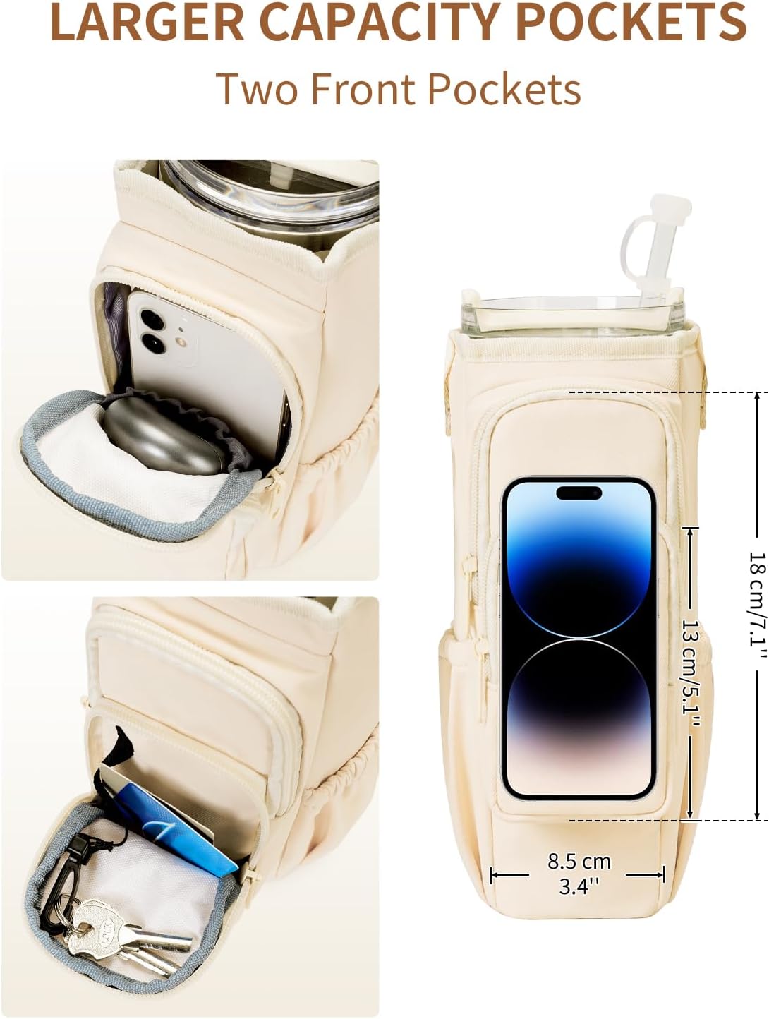 30/40oz Crossbody Water Bottle Holder Anti-Tip Tumbler Carrier | Lightweight Bottle Sling Fits Handled Tumbler w/ Phone Pocket, Adjustable Strap, Insulated Lining, Hands-free for Hiking Gym