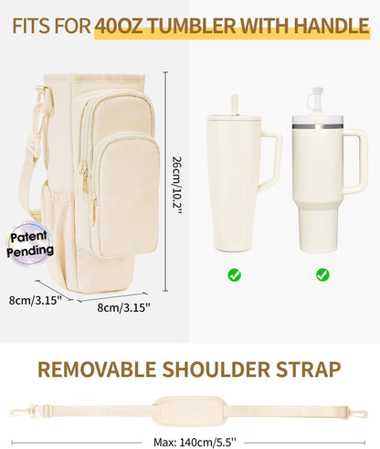 30/40oz Crossbody Water Bottle Holder Anti-Tip Tumbler Carrier | Lightweight Bottle Sling Fits Handled Tumbler w/ Phone Pocket, Adjustable Strap, Insulated Lining, Hands-free for Hiking Gym