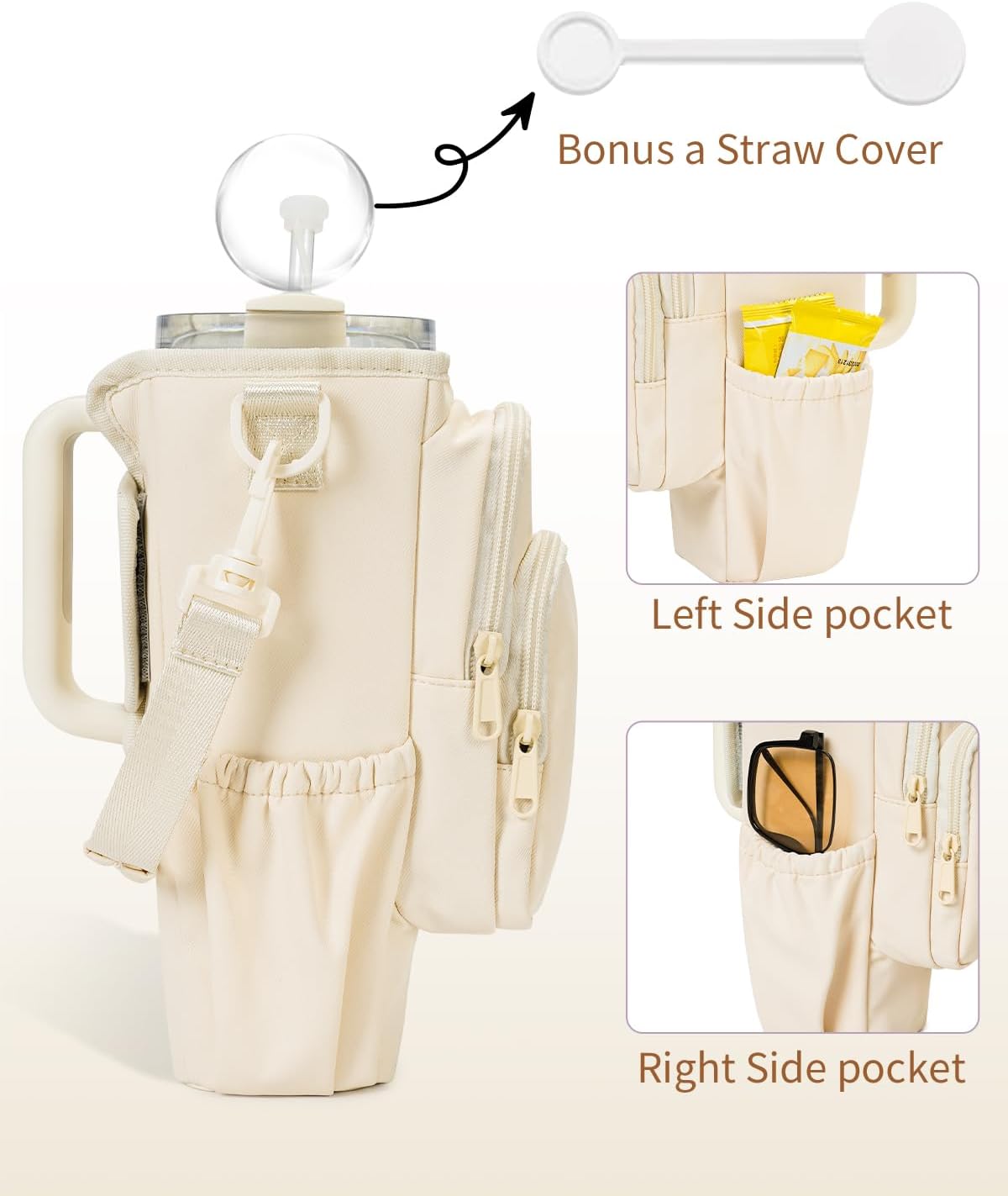 30/40oz Crossbody Water Bottle Holder Anti-Tip Tumbler Carrier | Lightweight Bottle Sling Fits Handled Tumbler w/ Phone Pocket, Adjustable Strap, Insulated Lining, Hands-free for Hiking Gym