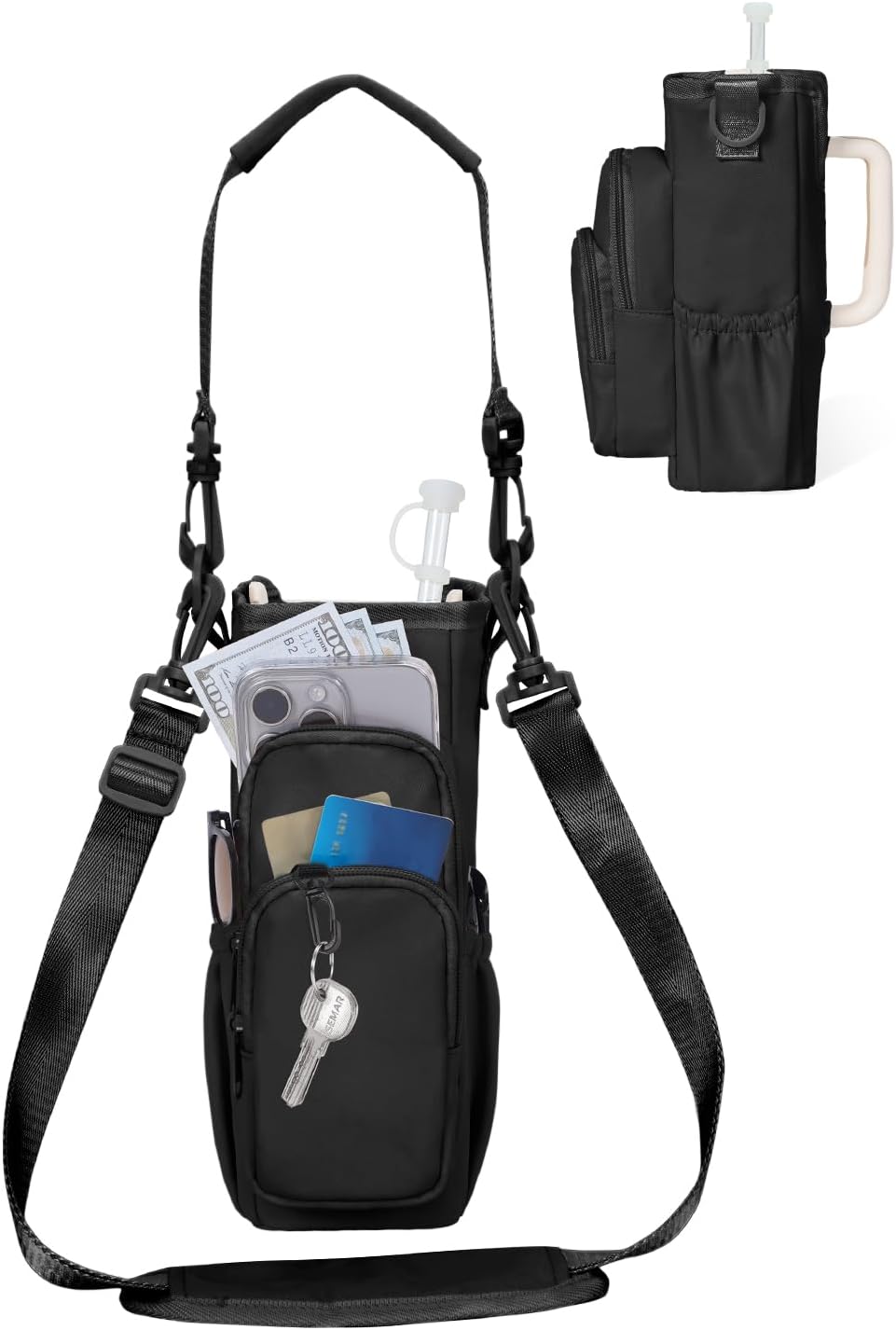 30/40oz Crossbody Water Bottle Holder Anti-Tip Tumbler Carrier | Lightweight Bottle Sling Fits Handled Tumbler w/ Phone Pocket, Adjustable Strap, Insulated Lining, Hands-free for Hiking Gym