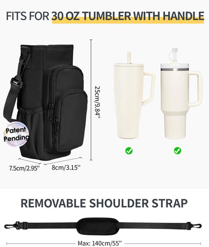 30/40oz Crossbody Water Bottle Holder Anti-Tip Tumbler Carrier | Lightweight Bottle Sling Fits Handled Tumbler w/ Phone Pocket, Adjustable Strap, Insulated Lining, Hands-free for Hiking Gym