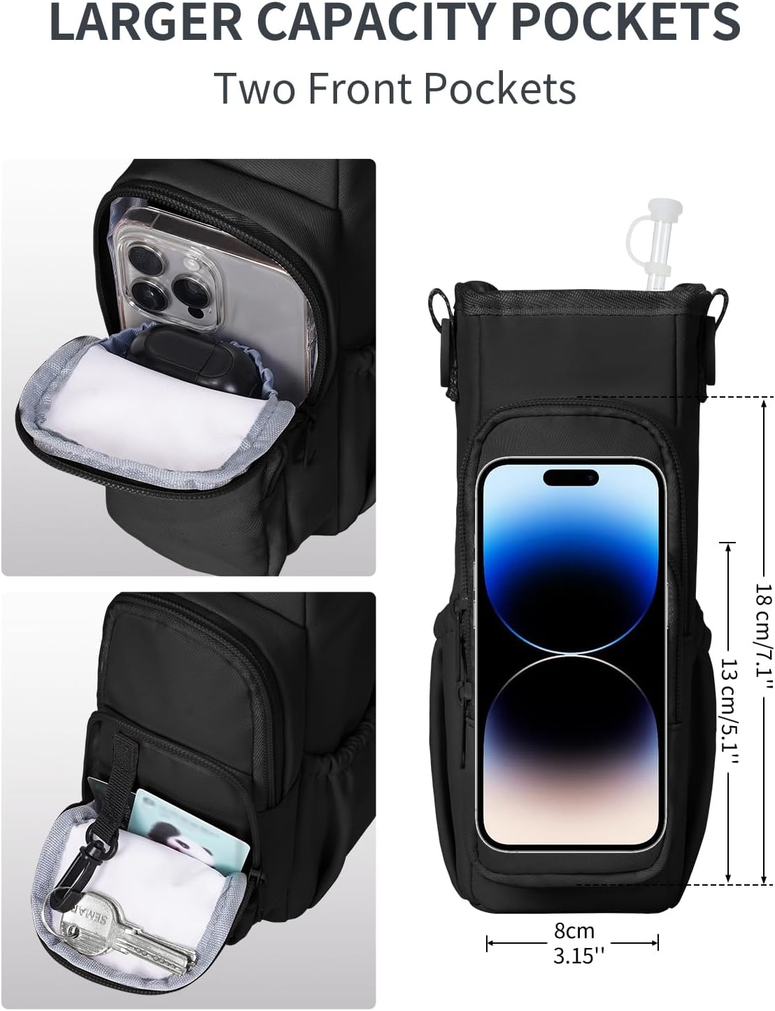 30/40oz Crossbody Water Bottle Holder Anti-Tip Tumbler Carrier | Lightweight Bottle Sling Fits Handled Tumbler w/ Phone Pocket, Adjustable Strap, Insulated Lining, Hands-free for Hiking Gym