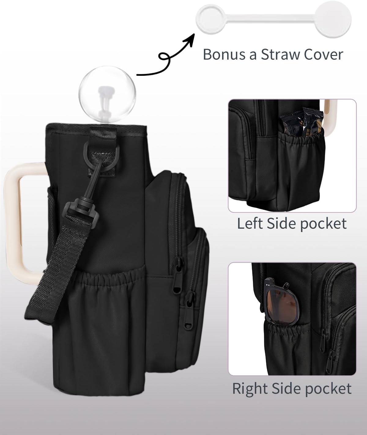 30/40oz Crossbody Water Bottle Holder Anti-Tip Tumbler Carrier | Lightweight Bottle Sling Fits Handled Tumbler w/ Phone Pocket, Adjustable Strap, Insulated Lining, Hands-free for Hiking Gym