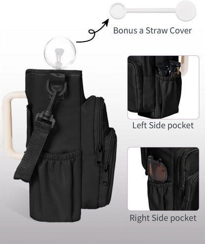 30/40oz Crossbody Water Bottle Holder Anti-Tip Tumbler Carrier | Lightweight Bottle Sling Fits Handled Tumbler w/ Phone Pocket, Adjustable Strap, Insulated Lining, Hands-free for Hiking Gym