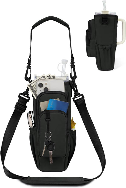 30/40oz Crossbody Water Bottle Holder Anti-Tip Tumbler Carrier | Lightweight Bottle Sling Fits Handled Tumbler w/ Phone Pocket, Adjustable Strap, Insulated Lining, Hands-free for Hiking Gym