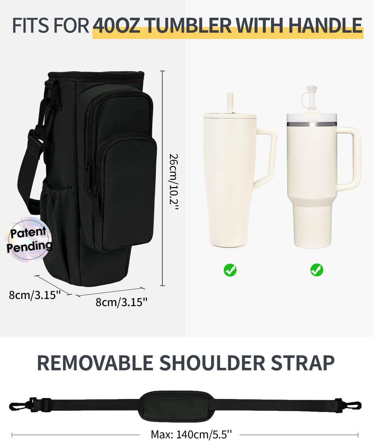30/40oz Crossbody Water Bottle Holder Anti-Tip Tumbler Carrier | Lightweight Bottle Sling Fits Handled Tumbler w/ Phone Pocket, Adjustable Strap, Insulated Lining, Hands-free for Hiking Gym
