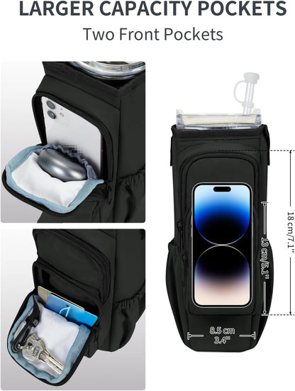 30/40oz Crossbody Water Bottle Holder Anti-Tip Tumbler Carrier | Lightweight Bottle Sling Fits Handled Tumbler w/ Phone Pocket, Adjustable Strap, Insulated Lining, Hands-free for Hiking Gym