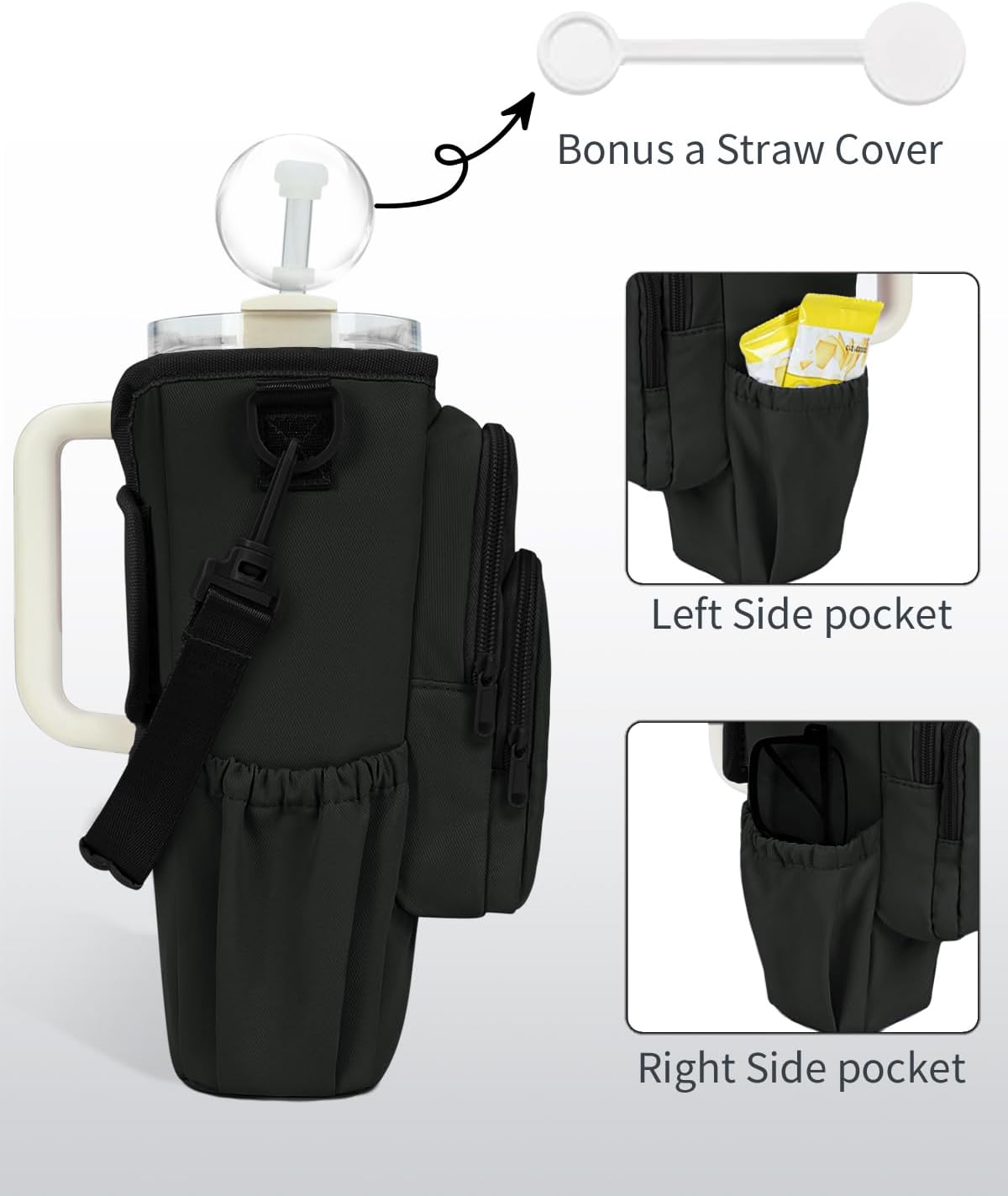 30/40oz Crossbody Water Bottle Holder Anti-Tip Tumbler Carrier | Lightweight Bottle Sling Fits Handled Tumbler w/ Phone Pocket, Adjustable Strap, Insulated Lining, Hands-free for Hiking Gym