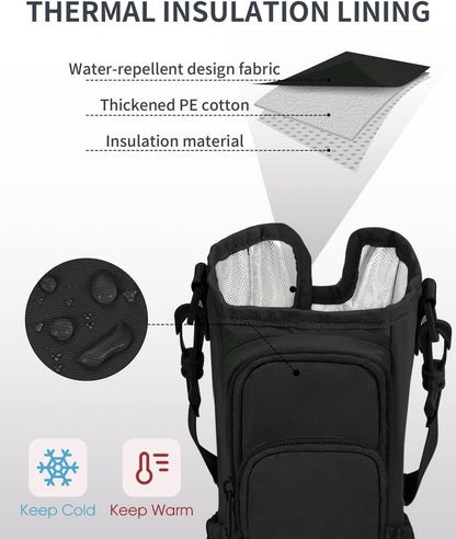 30/40oz Crossbody Water Bottle Holder Anti-Tip Tumbler Carrier | Lightweight Bottle Sling Fits Handled Tumbler w/ Phone Pocket, Adjustable Strap, Insulated Lining, Hands-free for Hiking Gym