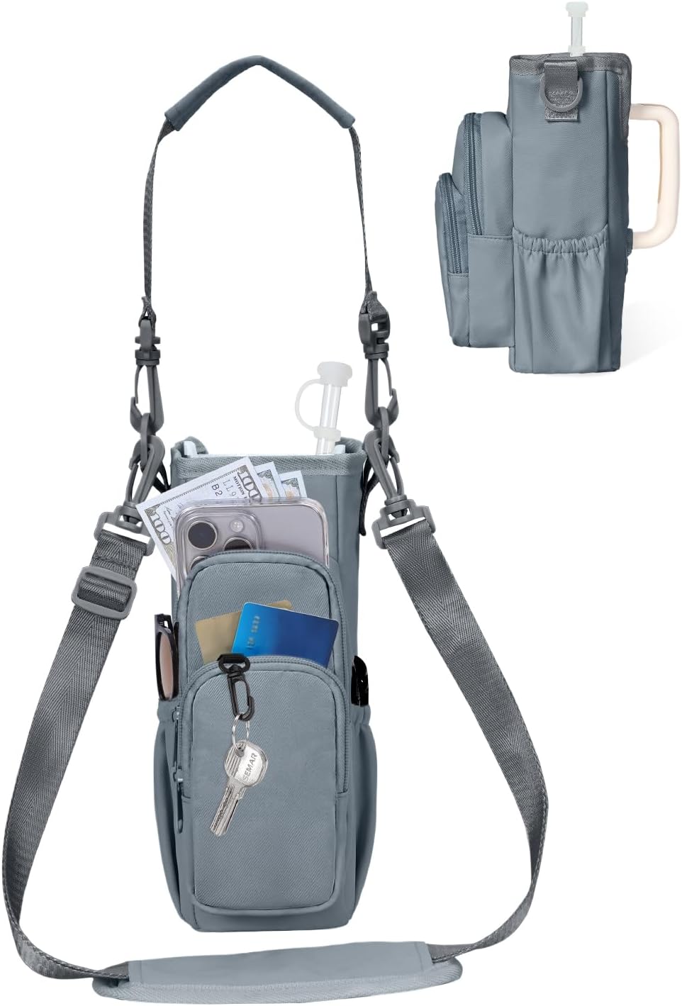 30/40oz Crossbody Water Bottle Holder Anti-Tip Tumbler Carrier | Lightweight Bottle Sling Fits Handled Tumbler w/ Phone Pocket, Adjustable Strap, Insulated Lining, Hands-free for Hiking Gym