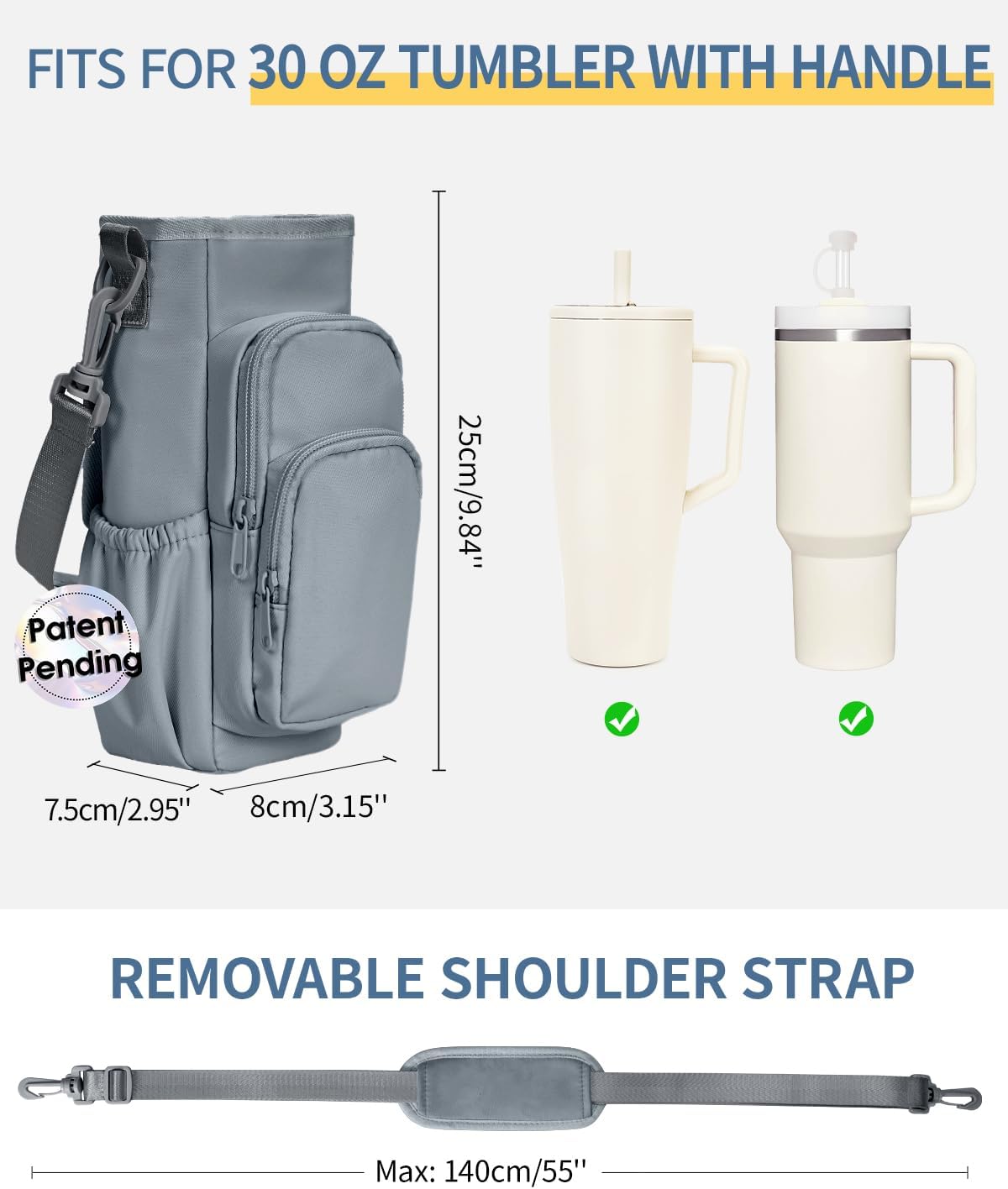 30/40oz Crossbody Water Bottle Holder Anti-Tip Tumbler Carrier | Lightweight Bottle Sling Fits Handled Tumbler w/ Phone Pocket, Adjustable Strap, Insulated Lining, Hands-free for Hiking Gym
